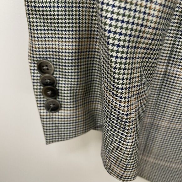 Faconnable Wool Silk Windowpane Houndstooth Blazer Tan Navy Green Men’s Sz 42L - Picture 7 of 13